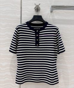 AT75532 Miss D * Limited Edition New Linen Tencel Yarn Navy Style Striped Round Neck Knitted To qc9u7xc0