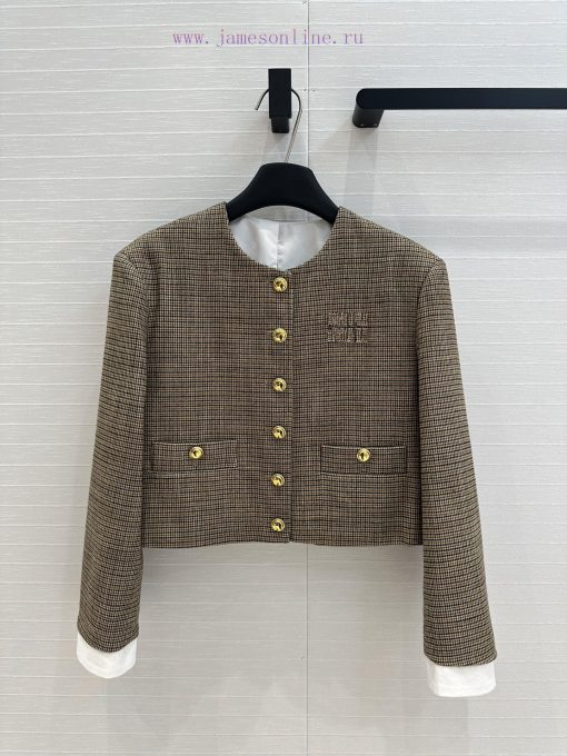 Strongly Recommend BW75965 Miu Style Girls' Retro Small Grid Round Neck Jacket With Detachable 001qx7d8