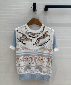 BT75968 Hermes 25 Early Spring New Product Tiger Totem Print Color Blocked Jacquard Knitted Top 847s5m7q