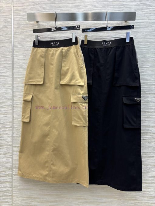 CB75987 Prada 25 Spring/Summer Logo Ribbon Splicing Workwear Style Large Pocket A-line Half Ski sd0192a1 - Image 2