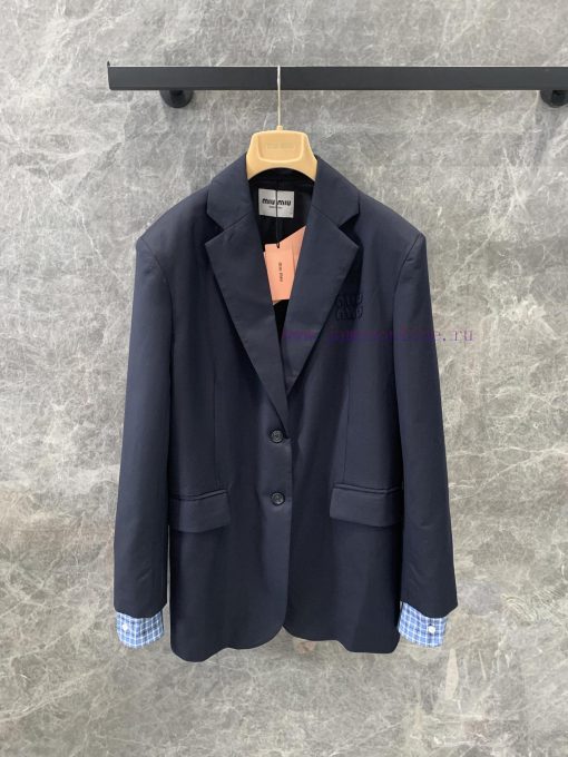 ZW60508 MiuMi * 25Ss Early Spring New Blue Plaid Shirt Sleeve Wool Suit Jacket | Yb Developed L omt13soz