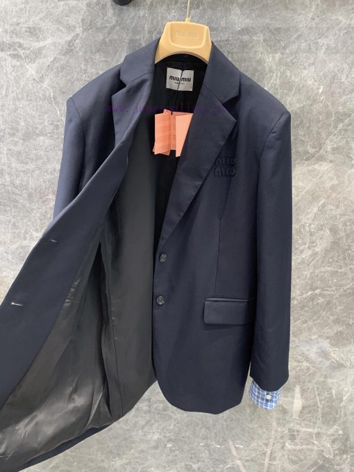 ZW60508 MiuMi * 25Ss Early Spring New Blue Plaid Shirt Sleeve Wool Suit Jacket | Yb Developed L omt13soz - Image 3