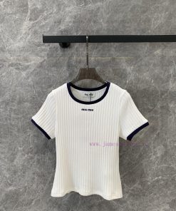 ZT57267 MiuMiu24ss Spring/Summer New Collection Color Contrasting Edge Round Neck Letter Embroi bs1fu7kq