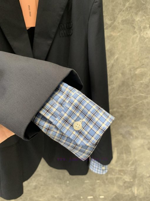 ZW60508 MiuMi * 25Ss Early Spring New Blue Plaid Shirt Sleeve Wool Suit Jacket | Yb Developed L omt13soz - Image 9