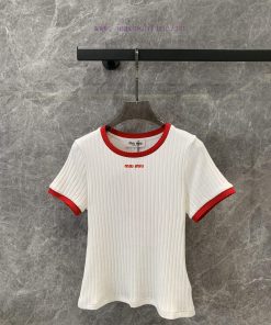 ZT57267 MiuMiu24ss Spring/Summer New Collection Color Contrasting Edge Round Neck Letter Embroi cz55esg8