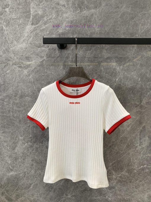 ZT57267 MiuMiu24ss Spring/Summer New Collection Color Contrasting Edge Round Neck Letter Embroi cz55esg8