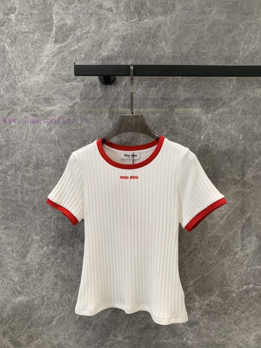ZT57267 MiuMiu24ss Spring/Summer New Collection Color Contrasting Edge Round Neck Letter Embroi cz55esg8 - Image 2