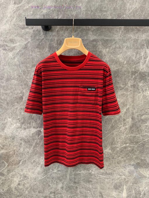 ZT60510 MiuMi * 25Ss Early Spring New Letter Logo Sticker Black And Red Striped Short Sleeved T bsok9d0d - Image 2
