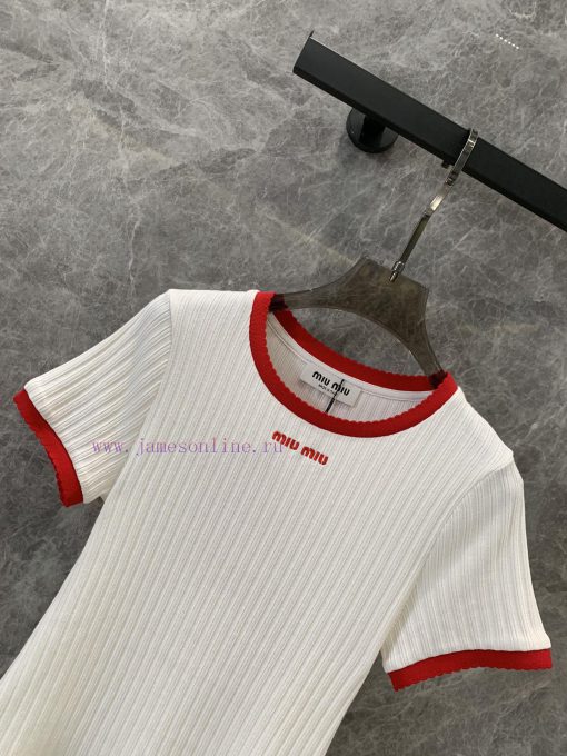 ZT57267 MiuMiu24ss Spring/Summer New Collection Color Contrasting Edge Round Neck Letter Embroi cz55esg8 - Image 4