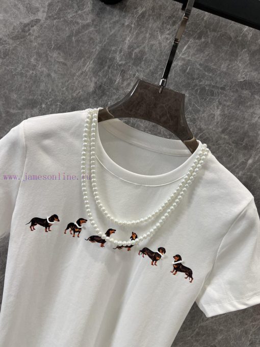 ZT60519 Markg * Ng 25Ss Early Spring New Pearl Necklace Dog Printed Short Sleeve T-shirt | Prod 9fm7vkr7 - Image 4