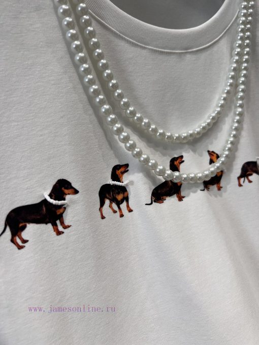 ZT60519 Markg * Ng 25Ss Early Spring New Pearl Necklace Dog Printed Short Sleeve T-shirt | Prod 9fm7vkr7 - Image 6