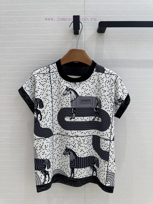 BT76088 Hermes 25 Early Spring New Product: Horse Printed Pattern Splicing Knitted Top With Pol fi91e8pe