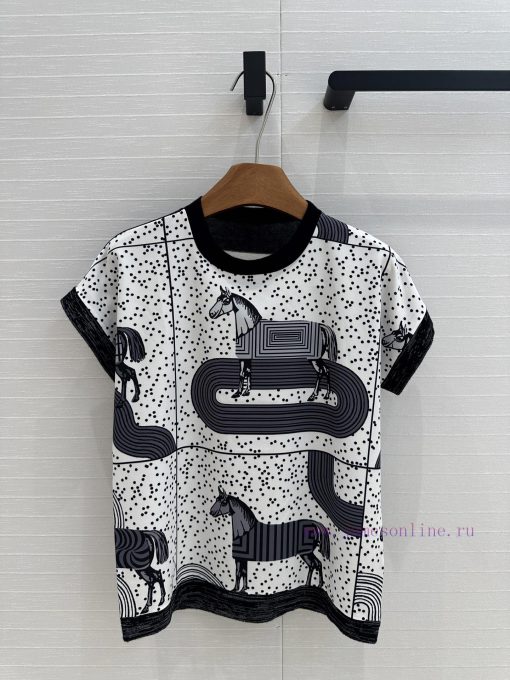 BT76088 Hermes 25 Early Spring New Product: Horse Printed Pattern Splicing Knitted Top With Pol fi91e8pe - Image 2