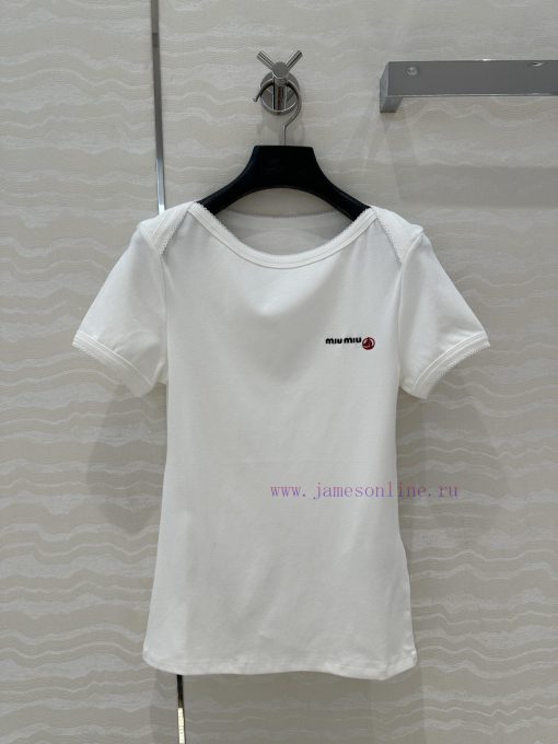 ️ AT76098 Miu Miu Girl Dress Up Zhao Jinmai Same Embroidered Sailor ️ Pure Cotton T-shirt Top C xoslyumk
