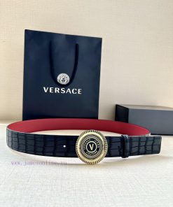 3.8cm Width Versace JEANS COUPURE Leather V-EMBLEM Buckle Belt with La Greca accents for a p sqk5bncl