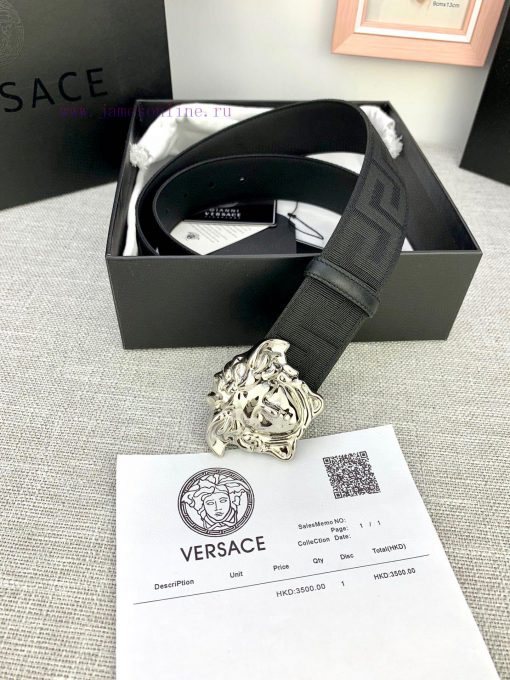 P Width 4.0cm Versace This canvas patterned leather waistband is adorned with the iconic Ver x39ji1l1 - Image 4