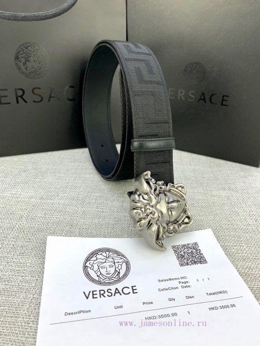 P Width 4.0cm Versace This canvas patterned leather waistband is adorned with the iconic Ver xopjbr94 - Image 7