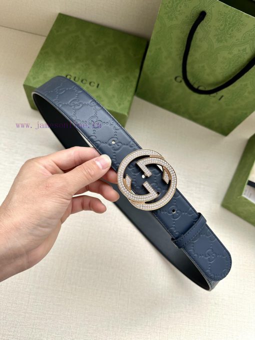 Width 4.0cm GUCCI interlocking double G diamond studded steel buckle belt, crafted from Gucc kyil1f9d