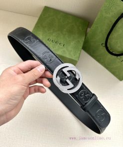 Width 4.0cm GUCCI interlocking double G diamond studded steel buckle belt, crafted from Gucc gt0t6i7n