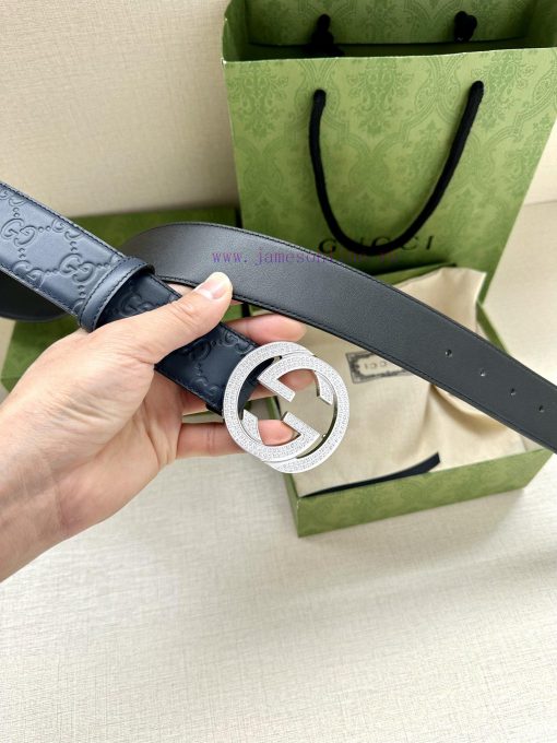 Width 4.0cm GUCCI interlocking double G diamond studded steel buckle belt, crafted from Gucc kyil1f9d - Image 5