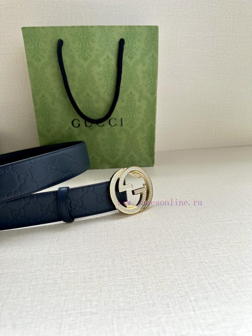 Width 4.0cm GUCCI interlocking double G diamond studded steel buckle belt, crafted from Gucc kyil1f9d - Image 8