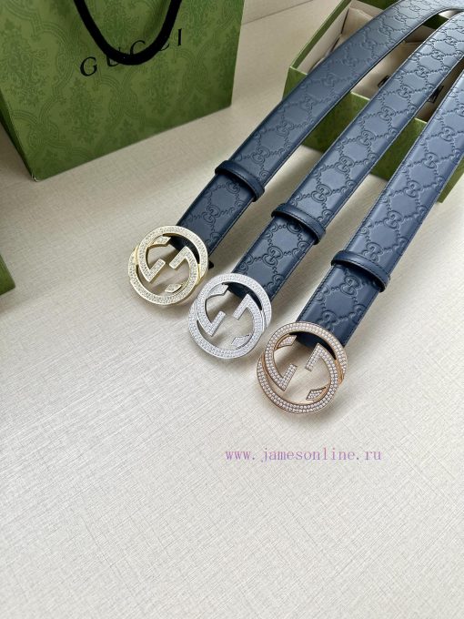 Width 4.0cm GUCCI interlocking double G diamond studded steel buckle belt, crafted from Gucc kyil1f9d - Image 10