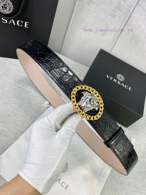 Width 4.0cm Versace Stone Pattern Sand Bottom Belt with Iconic Versace Medusa Portrait Buckl bjn3tinw - Image 5