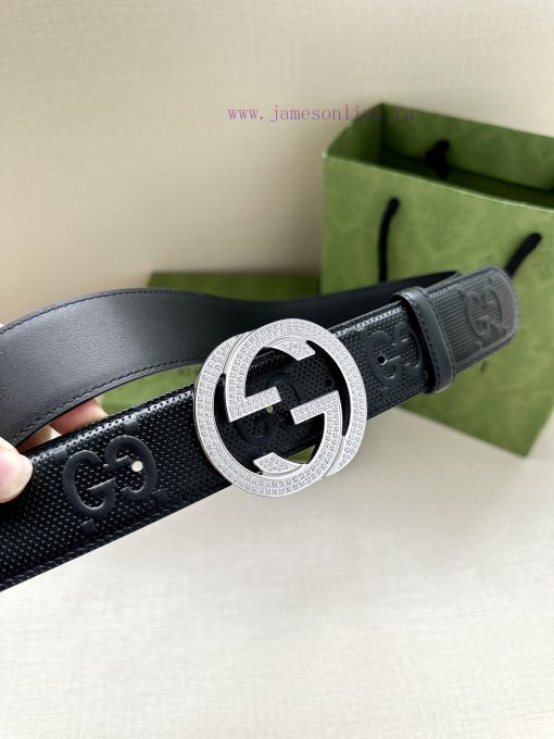 Width 4.0cm GUCCI interlocking double G diamond studded steel buckle belt, crafted from Gucc 0gtdcw5h - Image 3
