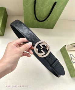 Width 4.0cm GUCCI interlocking double G diamond studded steel buckle belt, crafted from Gucc mtp6jr4n