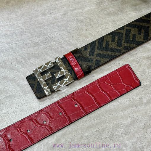 FENDI style with width of 4.0CM, double ring front and back waist belt, FF nail buckle, red 6qvdson4 - Image 4