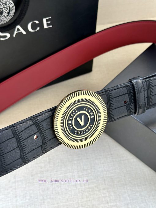 Width 3.8cm VERSACE JEANS COUPURE Leather V-EMBLEM Buckle Belt with La Greca accents for per z1fa9t32 - Image 3