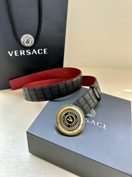 Width 3.8cm VERSACE JEANS COUPURE Leather V-EMBLEM Buckle Belt with La Greca accents for per z1fa9t32 - Image 4