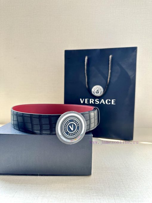Width 3.8cm VERSACE JEANS COUPURE Leather V-EMBLEM Buckle Belt with La Greca accents for per z1fa9t32 - Image 6