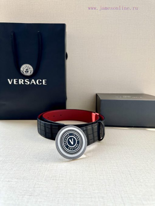 Width 3.8cm VERSACE JEANS COUPURE Leather V-EMBLEM Buckle Belt with La Greca accents for per z1fa9t32 - Image 10