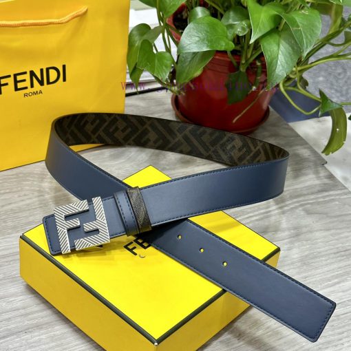 FENDI style with width of 4.0CM, double ring front and back waist belt, FF nail buckle, blue h264d7f6 - Image 2