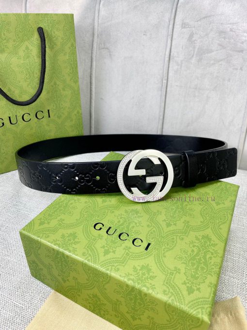 Width 4.0cm GUCCI interlocking double G diamond studded steel buckle belt, crafted from Gucc 9wvoqz5c - Image 2