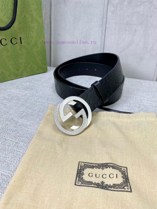 Width 4.0cm GUCCI interlocking double G diamond studded steel buckle belt, crafted from Gucc 9wvoqz5c - Image 3