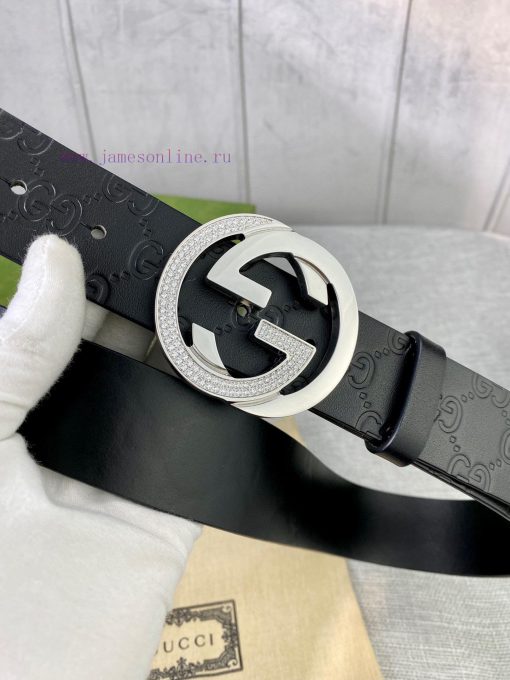 Width 4.0cm GUCCI interlocking double G diamond studded steel buckle belt, crafted from Gucc 9wvoqz5c - Image 4