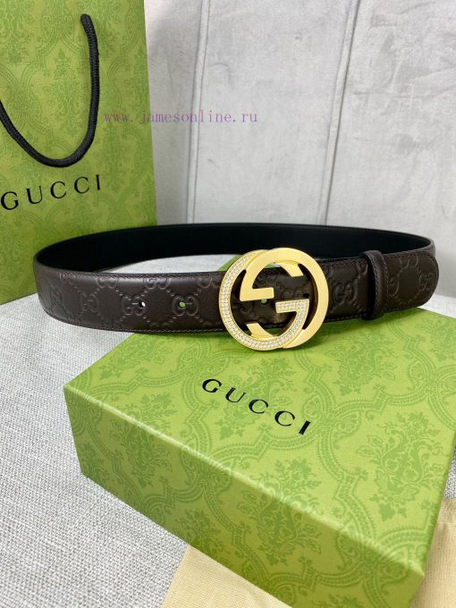Width 4.0cm GUCCI interlocking double G diamond studded steel buckle belt, crafted from Gucc 85hd20mv