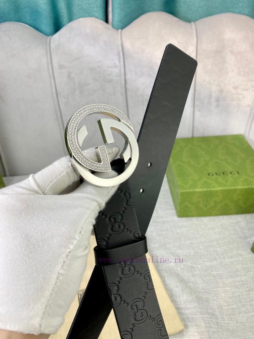 Width 4.0cm GUCCI interlocking double G diamond studded steel buckle belt, crafted from Gucc 9wvoqz5c - Image 5