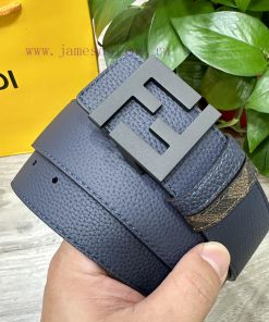 FENDI style, width 4.0CM, double ring front and back waist belt with FF nail buckle, dark bl jh2ztvdq