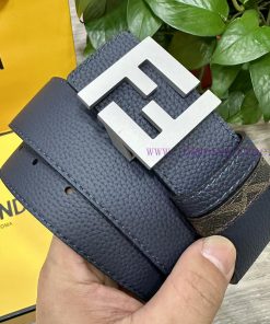 FENDI style, width 4.0CM, double ring front and back waist belt with FF nail buckle, dark bl zu72q84f