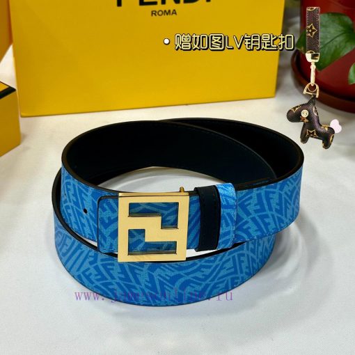 FENDL original custom sky blue FF Vertigo pattern leather with FF nail steel buckle, 40MM wi n2462csp - Image 3