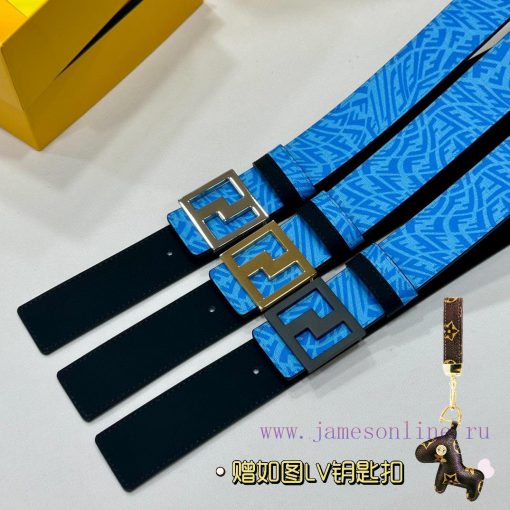FENDL original custom sky blue FF Vertigo pattern leather with FF nail steel buckle, 40MM wi n2462csp - Image 10