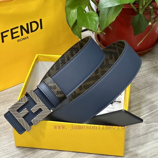 FENDI style with width of 4.0CM, double ring front and back waist belt, FF nail buckle, blue os6ylm5p - Image 6