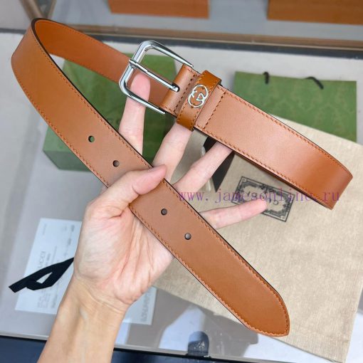 Decorative interlocking double G square buckle waist beltThis belt is made of brown smoot 5at8z8y0 - Image 8