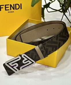 FENDI's dual ring front and back waist belt with FF nail buckle, brown Cuoio Romano leather kcnm97g3