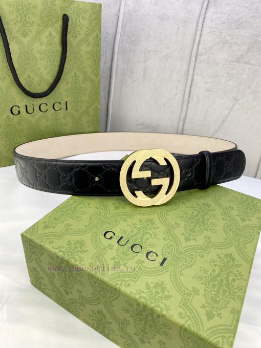 Width 4.0 Gucci Interlocking Double G Strip Buckle Belt, crafted from smooth original calf l fjod0qaf