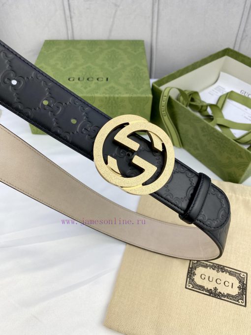 Width 4.0 Gucci Interlocking Double G Strip Buckle Belt, crafted from smooth original calf l fjod0qaf - Image 3