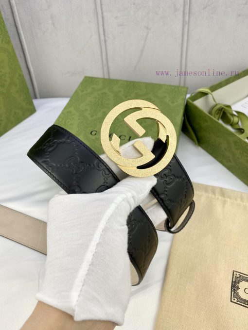 Width 4.0 Gucci Interlocking Double G Strip Buckle Belt, crafted from smooth original calf l fjod0qaf - Image 4